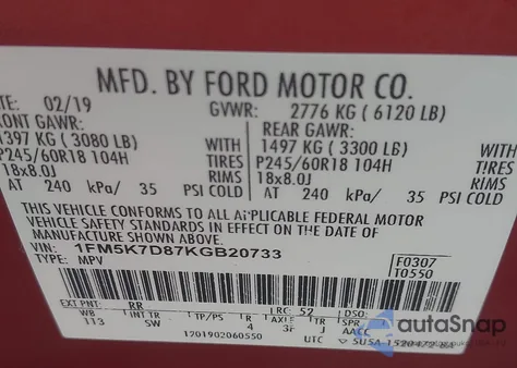 2019 Ford Explorer Xlt z USA, uszkodzony, nr VIN 1FM5K7D87KGB20733